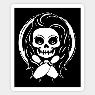 Female Bowler Skull and Bowling Pins White Logo Magnet